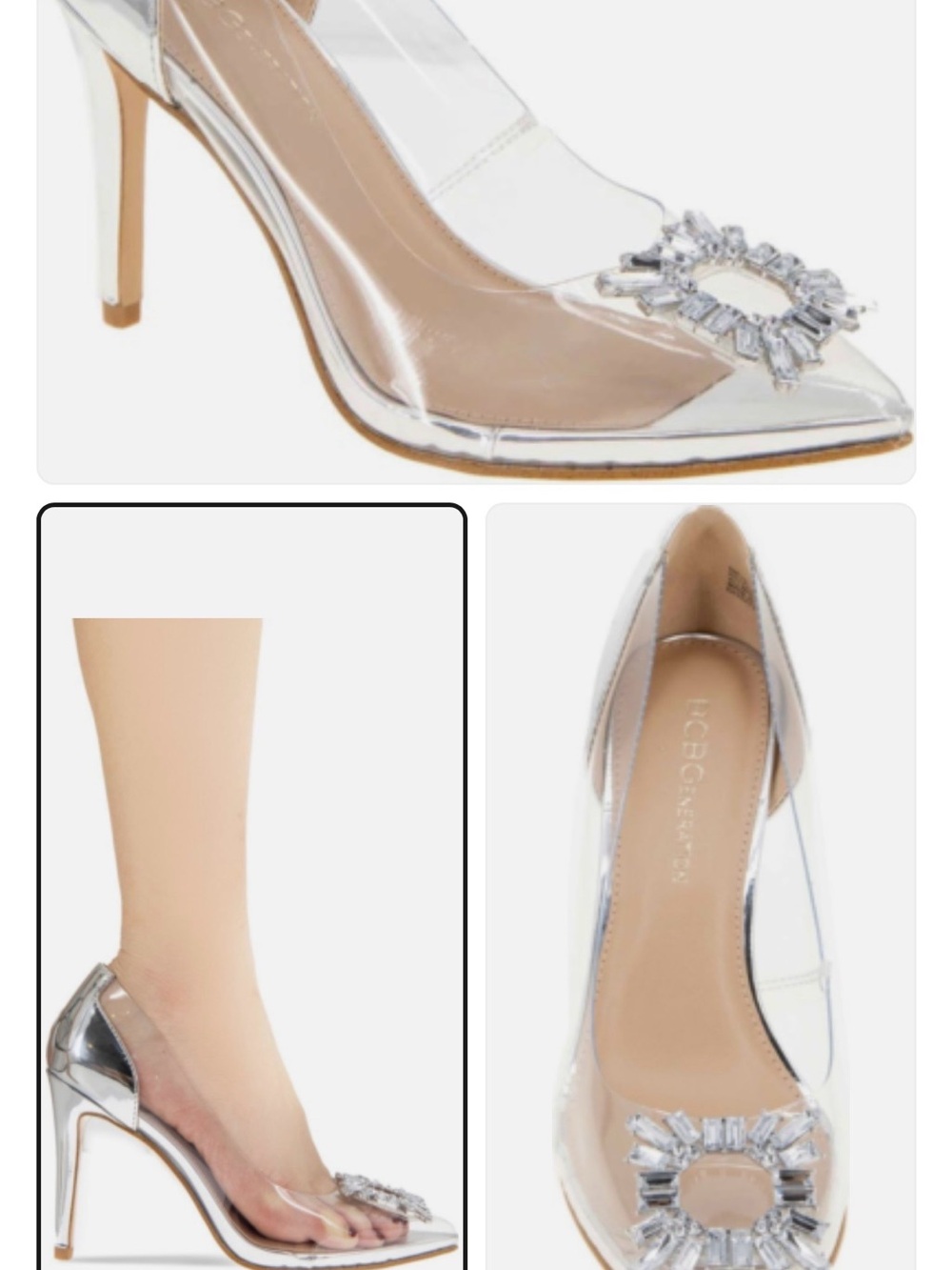 BCBGeneration Clear Pointed Toe Heels with Silver Crystal Brooch New in box 8.5